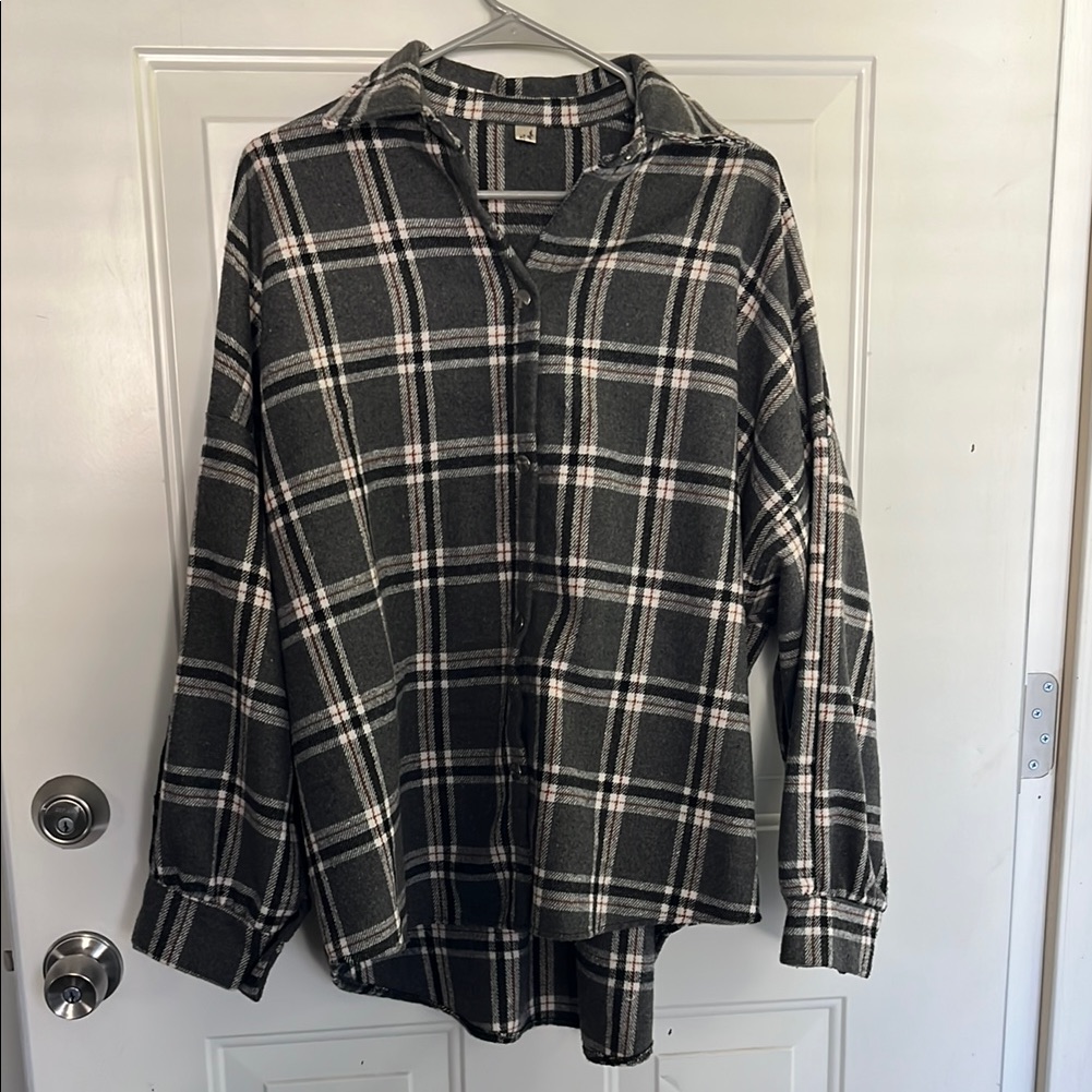 Oversized Plaid Button-Up Shirt In Gray, Black And White